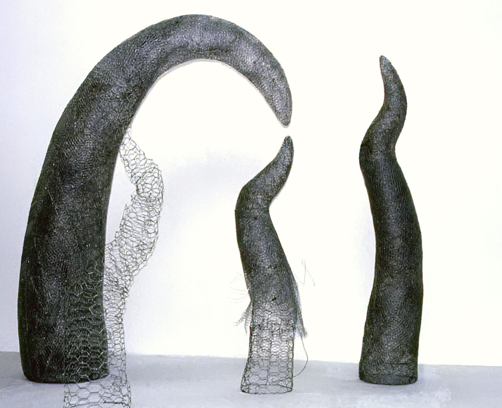 Four large sculptures made from chicken wire, representing family dynamics, each at differing stages of maturity