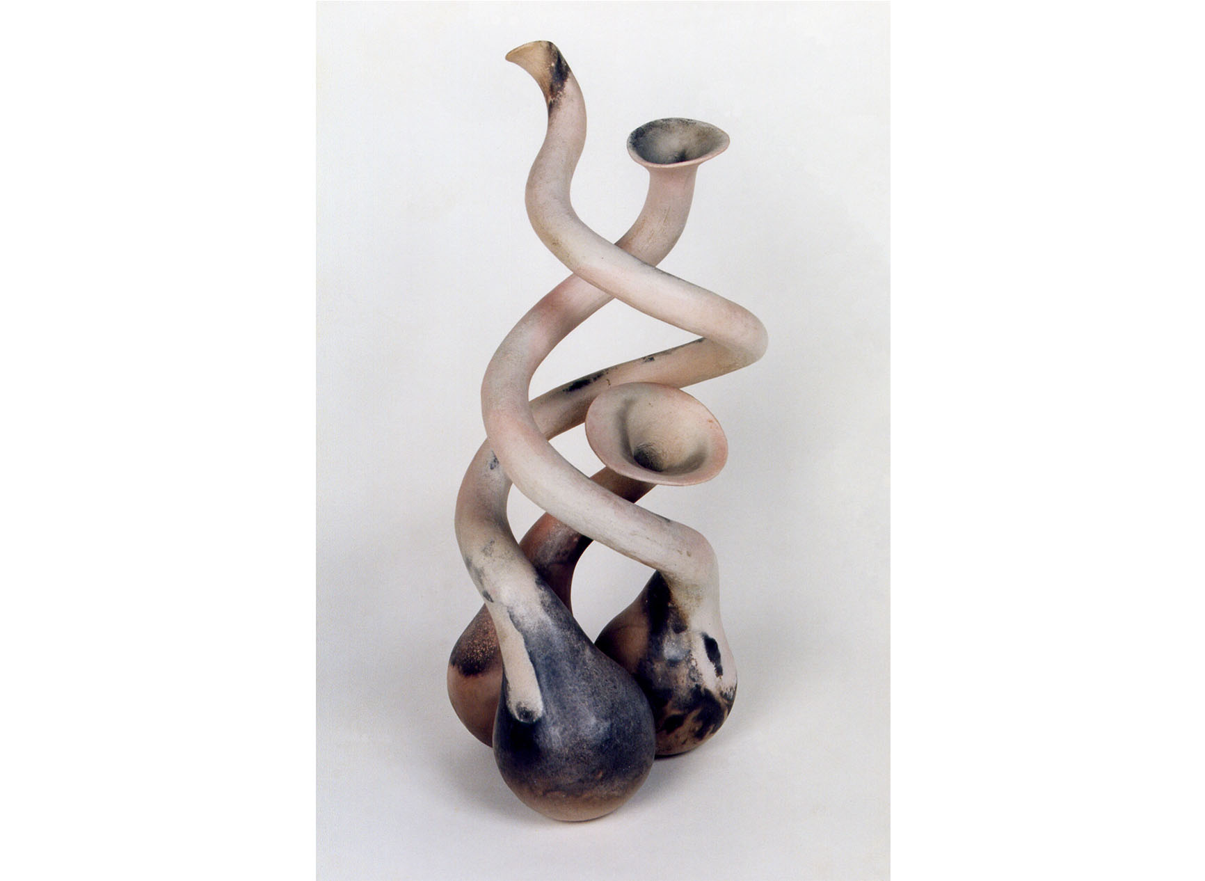Spiraling clay sculpture, terra sigillata, smoked, called Spring