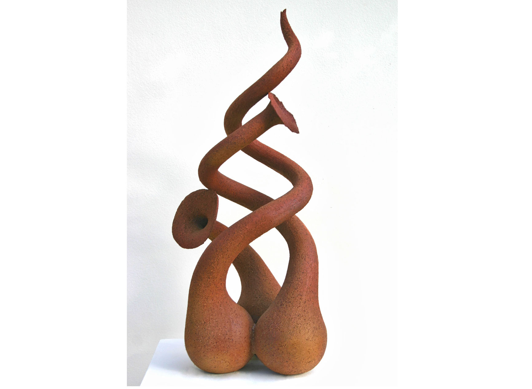 Large twisting earthy ceramic sculpture called Whimisical Notion